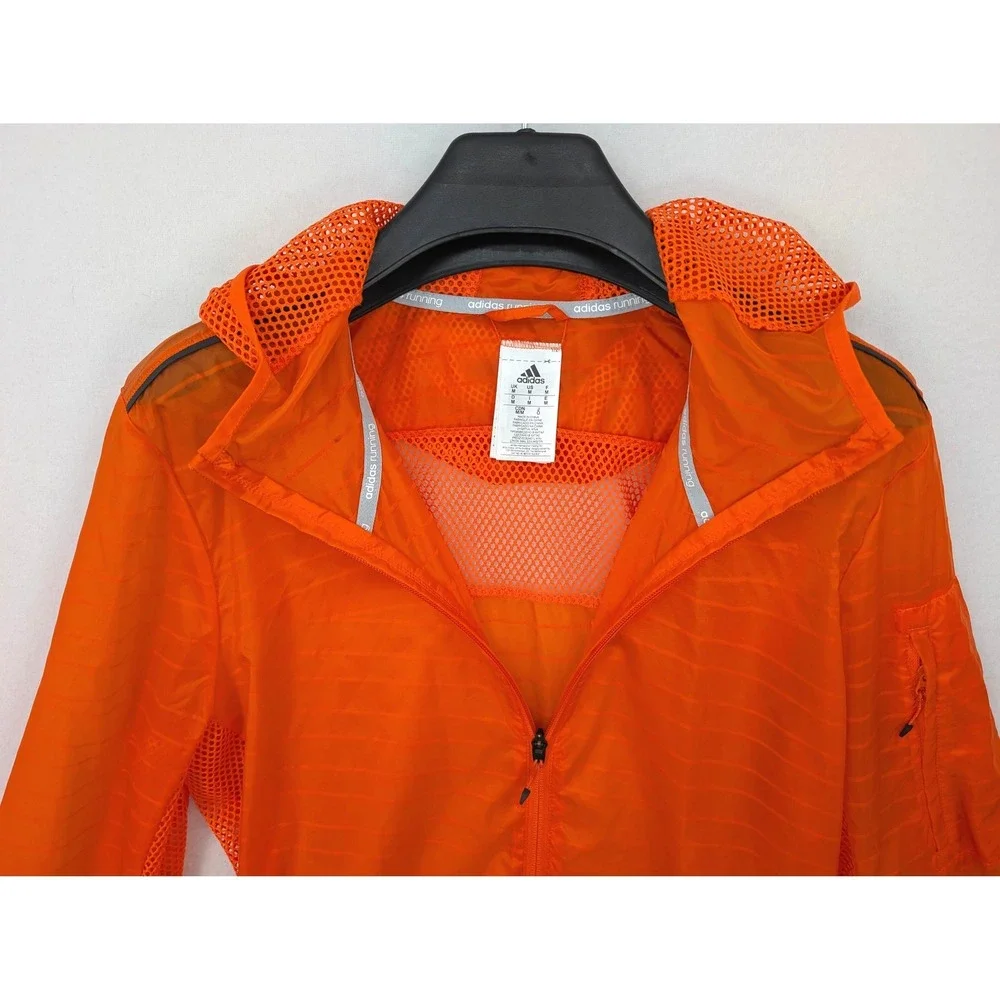 Adidas Running Jacket Bright Orange Hooded Lightweight Mesh Vent Windbreaker M